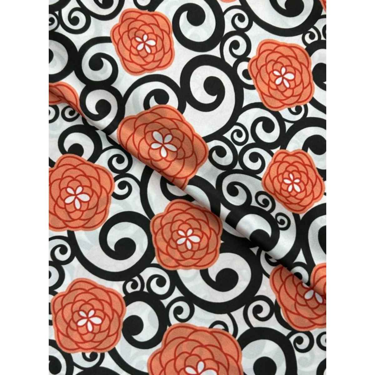 orange And Black Printed Shamoz Silk Fabric 